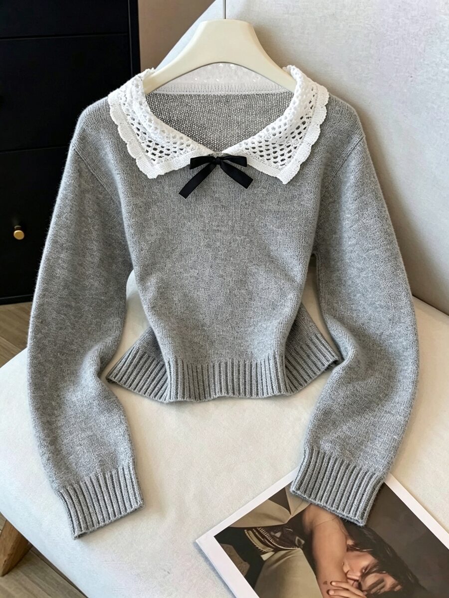 Elamini Women's Gray Casual Versatile Sweet Preppy Style Daily Commute Pullover Sweater With Turn-Down Collar, Autumn/Winter - Grey - View 1