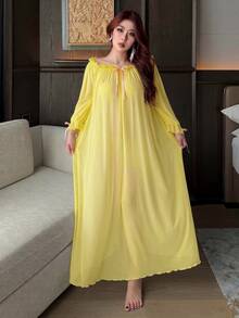 Dazy Plus Plus Size Women's Sexy Sheer Mesh Off-Shoulder Ruffle Hem Long Nightgown, Comfortable Home Dress For Spring & Summer Pajamas - Yellow - View 5