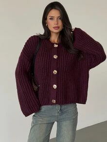 Firerie Vintage Metal Button Long Sleeve Knit Cardigan - Red - View 7