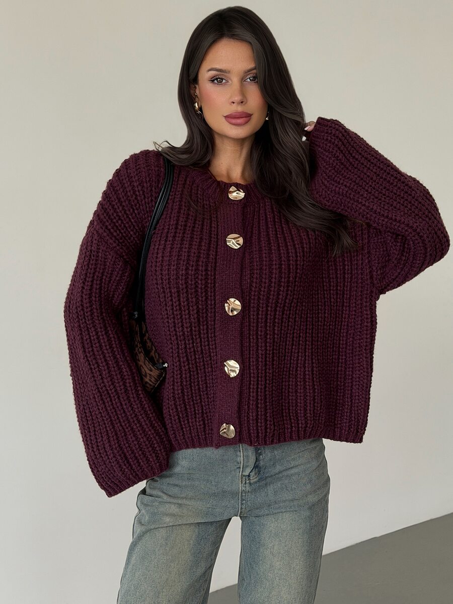 Firerie Vintage Metal Button Long Sleeve Knit Cardigan - Red - View 1