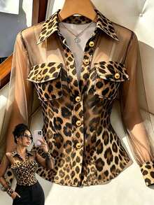 Velvienne Women's Fall Fashion Leopard Mesh Panel Lapel Long-Sleeve Shirt, Pocket Gold Button Sheer Blouse, Wild Occasion Wear For Daily Date Party - Multicolor - View 3