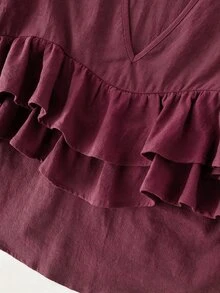 LUMIGAL Vintage Casual Relaxed Brown Multi-Layer Ruffle Hem Patchwork V-Neck Loose Long Sleeve Shirt - Burgundy - View 3