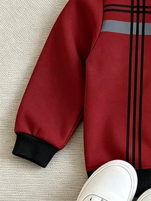 女童 2 件套休閒時尚春秋冬季男孩圓領運動衫與運動長褲套裝，酷炫幾何拼接圖案，彈性柔軟面料，春秋冬季男孩套裝，休閒穿著，返校、派對，適合戶外野餐、街頭攝影、校園、假期、禮物 - 酒紅色 - 查看 4