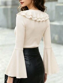 SHEIN Early Autumn Vibe Double-Layer Large Ruffle Trim Round Neck Top For Women, Exquisite Ruffle Collar Decoration, Flared Long Sleeve, Slim Fit, Ribbed Knit Pullover, Sweet & Sexy Style, Niche Design, Inner Layer Or Outer Wear - Apricot - View 2