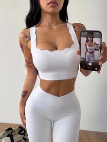 Coolane Women's Summer Square-Neck Yoga Set Sleeveless Slim-Fit Shorts And Shell-Edge Tank Top With Built-In Pads - White - View 2
