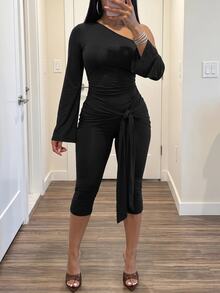 Slaydiva Women's Solid Color Asymmetrical Shoulder Casual Daily Wear Jumpsuit - Black - View 9