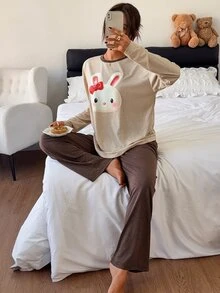 DAZY Cute Rabbit Pattern Loose Long Sleeve T-Shirt & Straight Leg Long Pajama Pants 2pcs Set Women's Loungewear - Brown - View 8