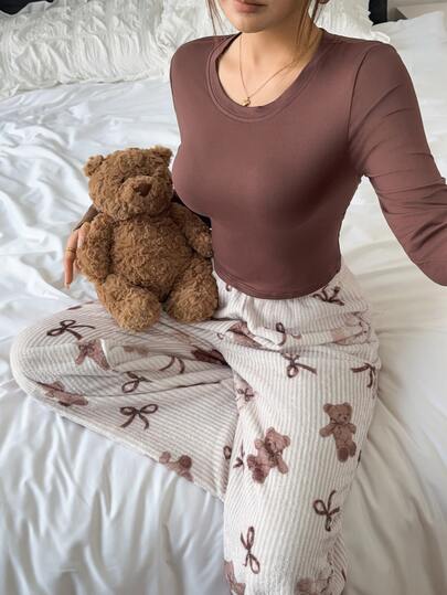 Napfluff Women's Knitted Long Sleeve Top And Bear Plush Long Pants Cute INS Sweet Home Pajama Set
