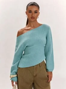 SHEIN BAE 秋冬新款女式時尚百搭優雅時尚純色針織修身抓皺休閒毛衣 - 霧霾藍 - 查看 4