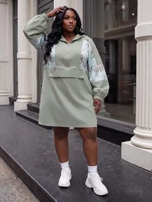 Slaydiva Plus Size Satin Floral Patchwork Hooded Anorak Jacket, Loose Plus Size Outer Coat Fall - Green - View 7