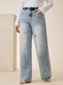 Anewsta Women's Washed Blue Embroidered Puppy Pattern Straight Leg Jeans - Blue - View 4