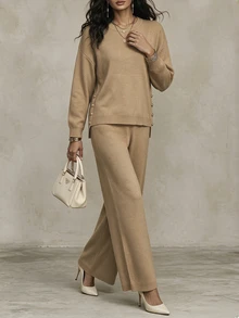 SHEIN Women's Solid Color Crew Neck Pullover & Long Pants Fashion Casual 2 Pieces Set - Camel - View 4