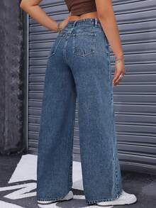 SHEIN PETITE Women's Minimalist Casual Zip-Fly Loose Straight Leg Denim Jeans,Fall/Winter,New Year Outfit ,Petite Women - Dark Wash - View 2