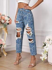 SHEIN PETITE 女款破洞字母印花鈕扣修身時尚牛仔褲 - 藍色 - 查看 5