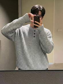 DAZY 秋冬圓領半開鈕扣花卉寬鬆男士毛衣 - 淺灰色 - 查看 6