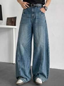 DAZY Spring/Autumn Blue Washed Distressed Curved Leg Wide Leg Men's Jeans - Blue - View 5