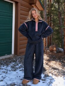 Livesso Women's Dropped Shoulder Long Sleeve Zipper Half-Placket Top And Pants Pajama Set - Navy Blue - View 8