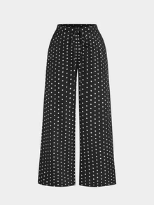 Sweetra Plus Size Women Polka Dot Pattern Asymmetrical Shoulder Top And Pants 2 Pieces Set - Black - View 8