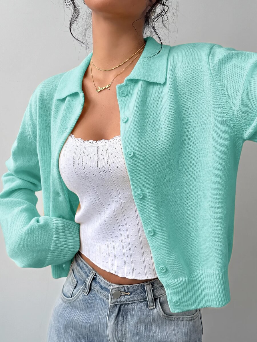 SHEIN BASICS 休閒素色長袖寬鬆短版女款開襟針織衫 秋季外套 返校季 校外穿搭 淡黃色 教師 辦公室 日常 - 薄荷綠 - 查看 1