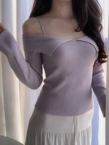 DAZY Solid Color Fitted Square Neck Long Sleeve Elegant Vacation Korean Style Autumn/Winter Knit Sweater For Women - Purple - View 8