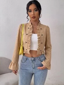 SHEIN Elenzya 女款雙排扣休閒法式優雅百搭長袖夾克外套 辦公通勤黑色秋季 - 棕色 - 查看 4
