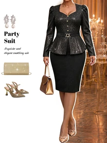 Fleurora Plus Size Elegant Front Button Heart Neck Long Sleeve Top And Solid Color Skirt 2 Pieces Set - Black - View 3
