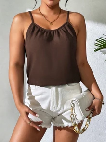 INAWLY Áo cổ yếm nữ size lớn màu trơn mặc thường ngày phong cách casual - Cà phê nâu - Xem 3