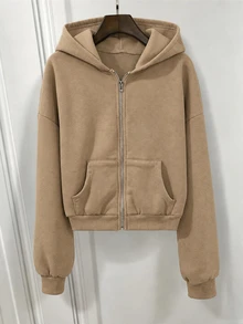 SHEIN 青少年女孩秋季灰色拉鍊式落肩長袖寬鬆休閒衛衣外套，寬鬆抓絨內裡基礎休閒衛衣外套 - 卡其色 - 查看 3
