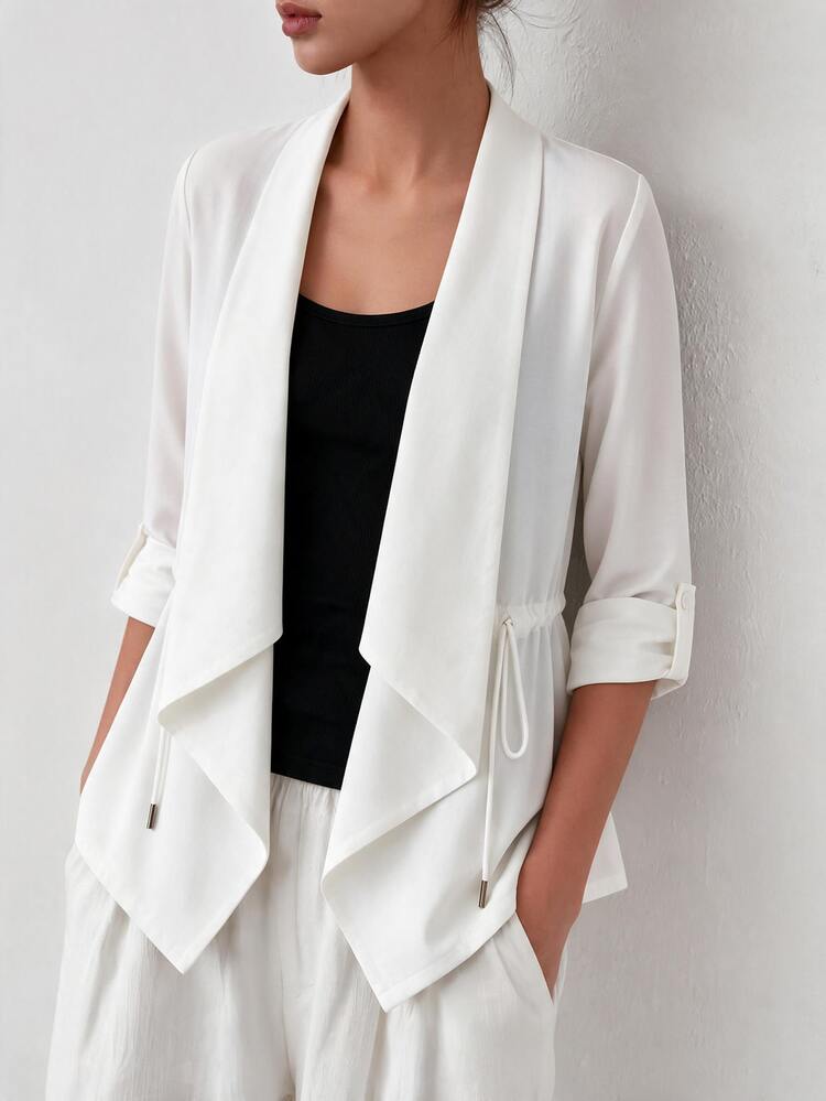 EMERY ROSE Asymmetrical Collar Thin Jacket For Women, Cinched Cinched Waist Long Sleeve Casual Cardigan Office White Autumn - White - View 3