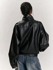 SHEIN BAE 女款純色PU皮革休閒百搭日常長袖夾克 - 黑色 - 查看 2