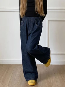 Dazy Kids 女童牛仔褲 春/夏新款 後口袋水鑽喇叭牛仔褲 (大號) - 深色水洗藍 - 查看 2