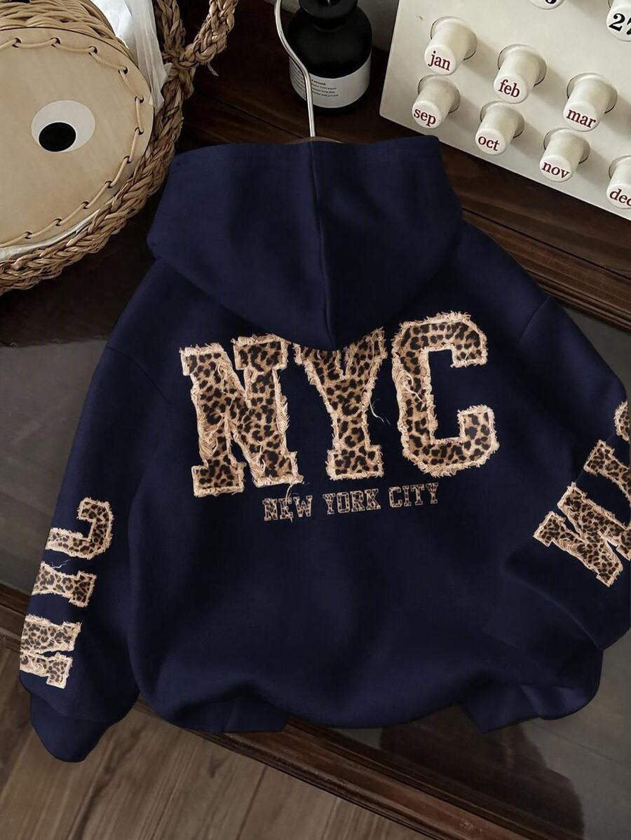Comfortcana 休閒極簡風 NYC 豹紋英文字母海軍藍運動衫，適合秋冬穿著 - 彩色 - 查看 1