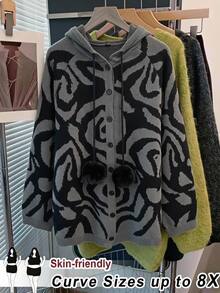 SHEIN CURVE+ Áo cardigan len có mũ tay dài cài nút đơn họa tiết vằn ngựa vằn Halloween cho nữ size lớn - Nhiều màu - Xem 4