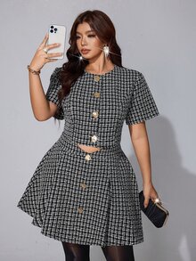 Viva Relle Plus Size Women's Plaid Short Sleeve Top And Skirt Fashion Set - Black and White - View 4