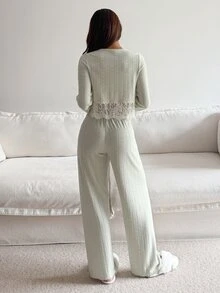 DAZY Women's Lace Patchwork Long Sleeve Top And Pants Casual Daily Home Sleepwear Set - Green - View 2