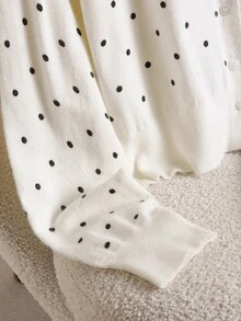 CosyJoli Women's White Polka Dot Round Neck Long Sleeve Single-Breasted Versatile Cardigan - White - View 5