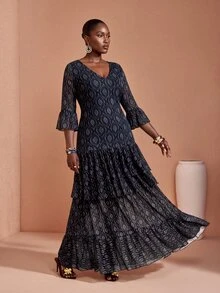 JIAN LASALA Black All-Over Print Mesh V Neck Layered Flared Sleeve Women Boho Plus Size Dress Vacation - Multicolor - View 4