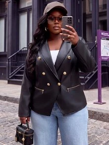 Slaydiva Plus Size Faux Leather Biker Blazer, Gold Zipper Double Breasted Lapel Slim Jacket - Black - View 3