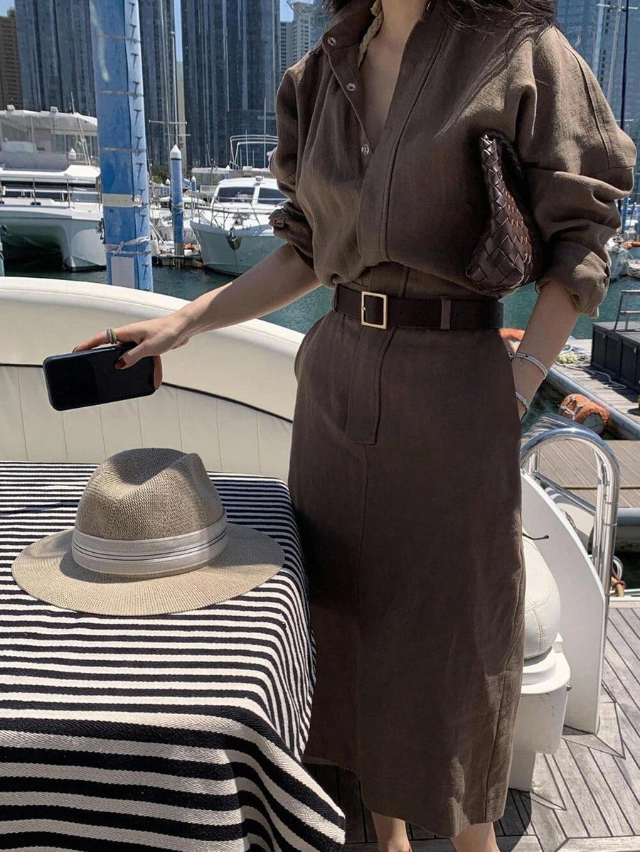DAZY Women's Simple Button Long Sleeve Dress For Vacation And Travel Winter - Brown - View 1