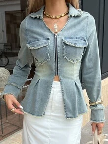 Livesso Women's Light Blue Washed Distressed Collar Zipper Pocket Raw Hem Cinched Waist Slim Fit Long Sleeve Denim Jacket - Blue - View 5