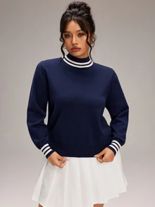 EMERY ROSE Plus Size Women's Comfortable Women's Pullover Long-Sleeved Knit Top Sweater, Navy Blue Base With Striped Turtleneck And Cuffs, Versatile Fall/Winter - Navy Blue - View 6