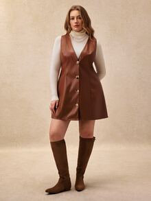 Écloséra Curve Women's Plus Size Autumn/Winter Solid Brown PU Leather Fashion Minimalist Front Button Cinched Waist A-Line Dress, Suitable For Commuting, Shopping And Other Daily Occasions - Brown - View 3