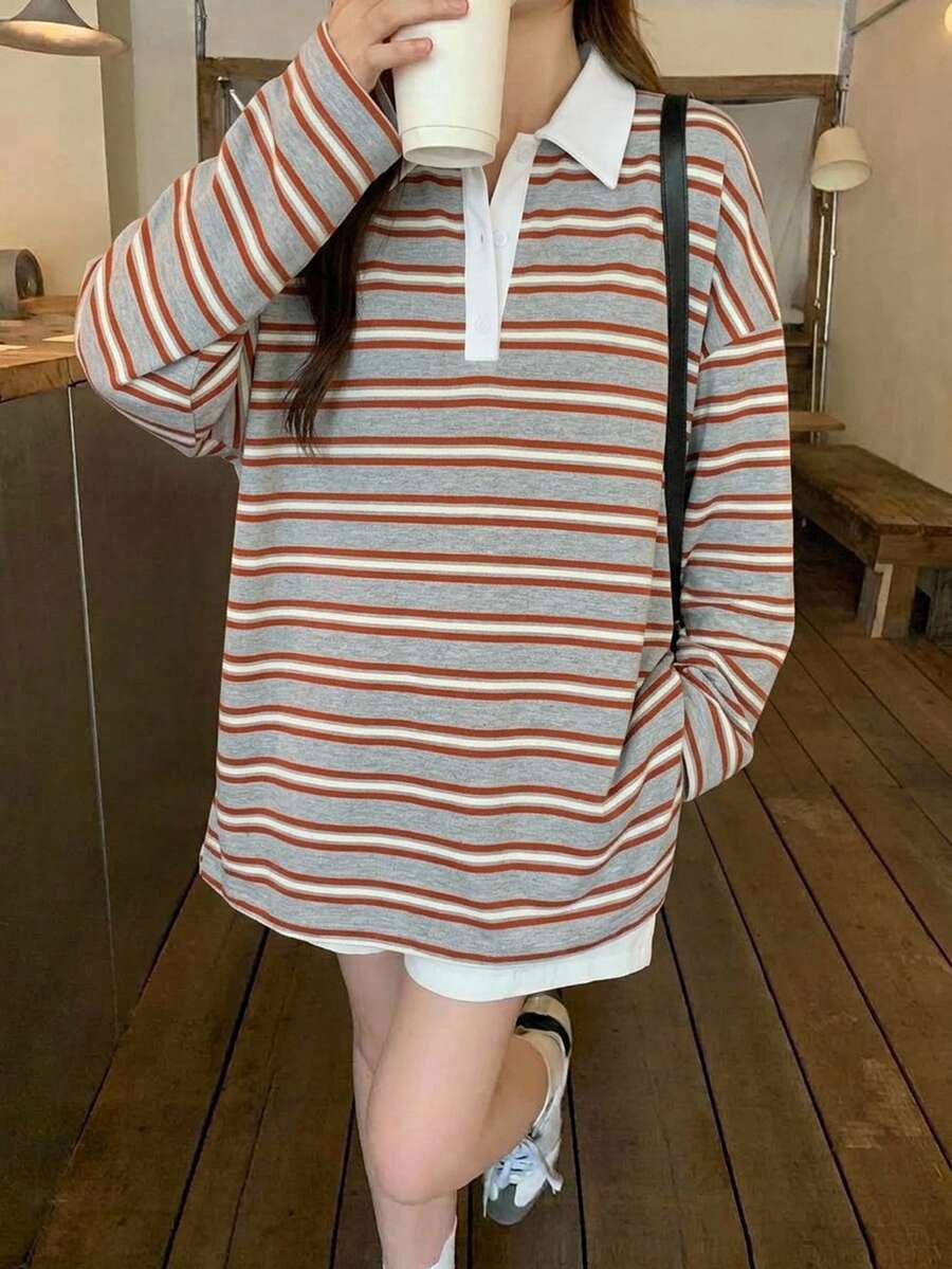 DAZY 女款條紋寬鬆 Polo 領落肩長袖休閒 T 恤 - 灰色 - 查看 1