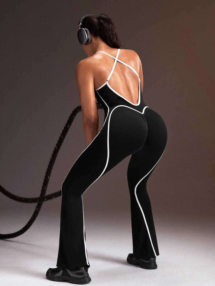 Powerista Women's Black And White Contrast Color Strap Backless Flare Leg Jumpsuit - Black - View 1