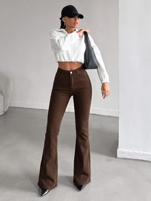 SHEIN Tall 女款純色高腰時尚修身喇叭牛仔褲 - 棕色 - 查看 3