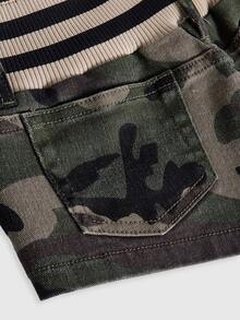 ROMWE Celana Pendek Denim Wanita Motif Kamuflase Patchwork Bergaris Gaya Y2K Millennium Hot Girl dengan Pinggang Sangat Rendah - Hijau Tentara - View 4