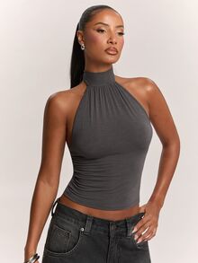SHEIN BAE 95% Cotton Women's Casual Sexy Backless Tank Top - Dark Grey - View 5