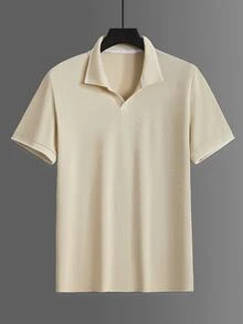 Calvornis 男士純色商務休閒羅紋領短袖 Polo 衫，適合丈夫、男友的日常禮物，萬聖節、聖誕節、新年 - 杏色 - 查看 4