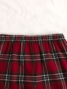 SHEIN 親子情侶/兄弟姊妹套裝 青少年女孩休閒簡約格紋修身圓領短袖長褲居家服 適合秋冬聖誕節聖誕派對 - 紅色 - 查看 3
