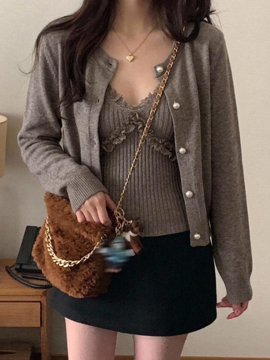 DAZY Women's 2 Pieces Solid Color Slim Fit Contrast Lace Ruffle Trim Camisole & Loose Long Sleeve Cardigan Sweater Set, Casual Vacation Korean Style Daily Autumn/Winter - Khaki - View 1